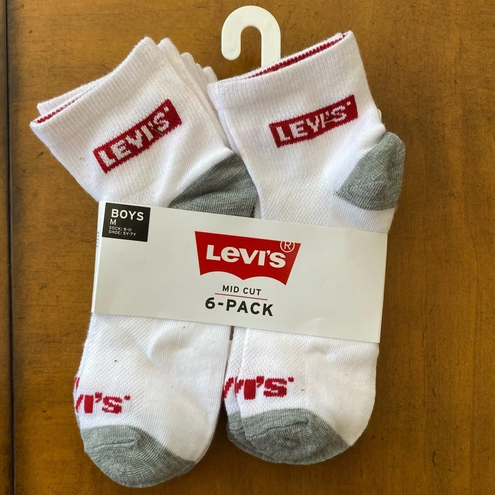 NWT Levi's Boys Mid Cut Socks 6-Pack - White and Gray - M (5Y-7Y)